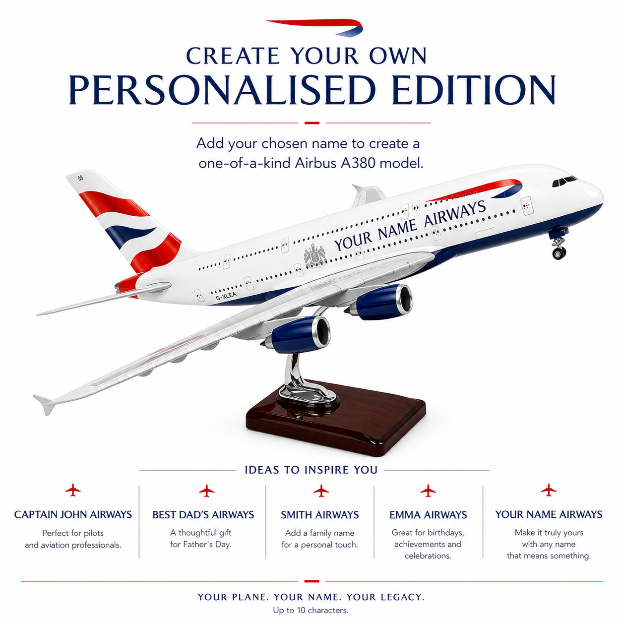 Customizable Airbus A380 model airplane on a wooden display stand, shown on a white background with promotional text for creating a personalized edition and inspiration ideas such as Captain John Airways and Smith Airways.