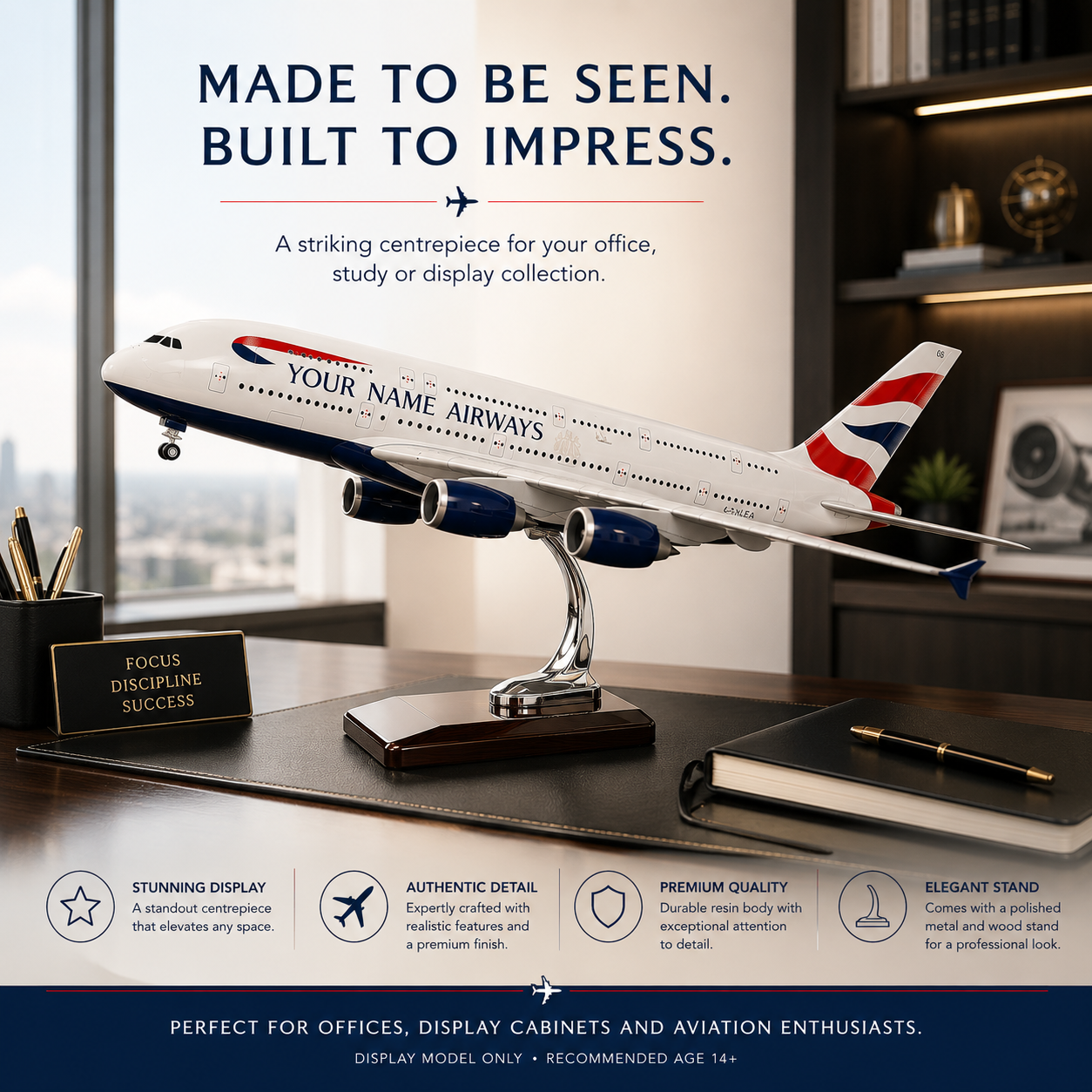 A large promotional display shot of a scale model Boeing 747 airplane on a metallic stand, set on a desk in an office-like interior. The image includes marketing text at the top and feature callouts along the bottom.