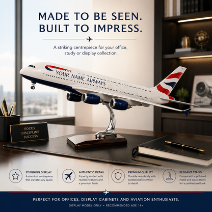 A large promotional display shot of a scale model Boeing 747 airplane on a metallic stand, set on a desk in an office-like interior. The image includes marketing text at the top and feature callouts along the bottom.