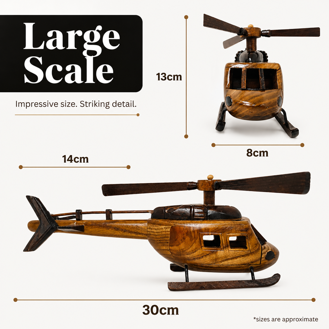 Large wooden helicopter toy shown with dimension labels indicating 30cm length, 13cm height, 8cm width, and 14cm tail span on a light gray background.