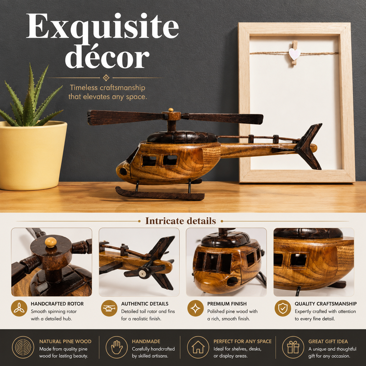 A wooden helicopter model displayed on a tabletop with a potted plant and a framed picture in the background, plus marketing text and detail callouts below. The product is a decorative wooden helicopter with a polished pine finish and dark accents.