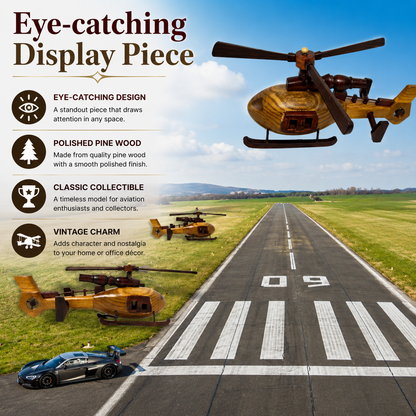 A promotional graphic for a collectible pine wood toy helicopter, showing a golden-brown wooden helicopter in the upper right over a runway scene with other toy helicopters and a car. Text on the left highlights the product's eye-catching design, polished pine wood finish, classic collectible appeal, and vintage charm.