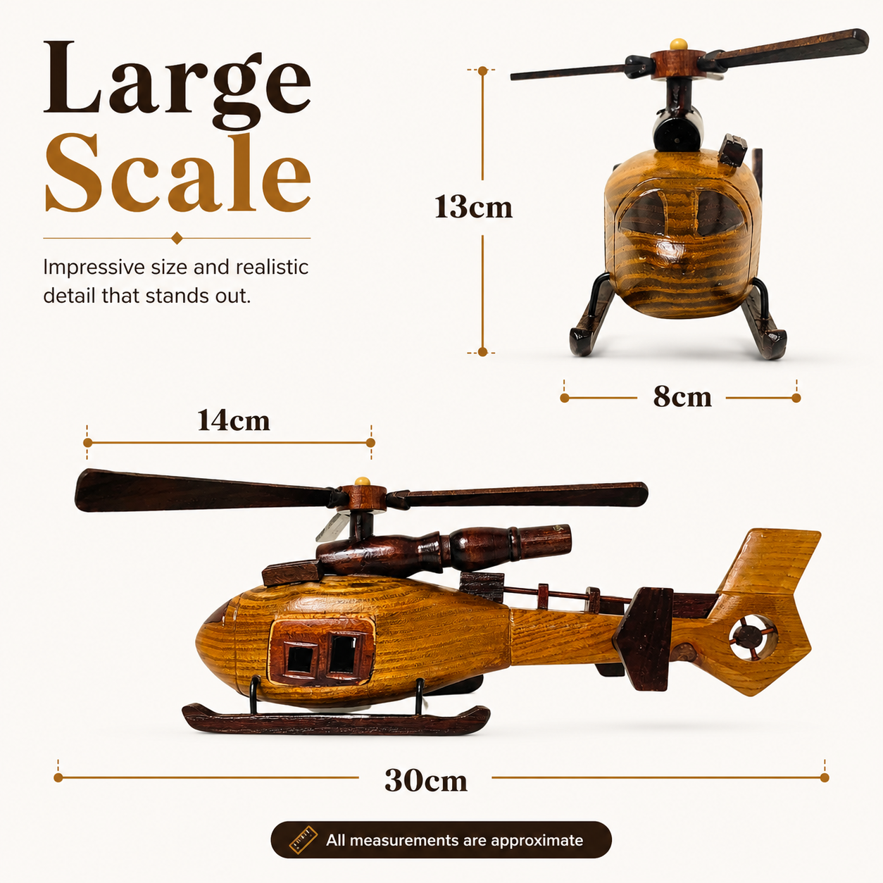 A wooden helicopter toy shown on a light beige background with overlaid dimensions and text reading 'Large Scale' and measurements 13cm, 8cm, 14cm, 30cm, plus a note that all measurements are approximate.