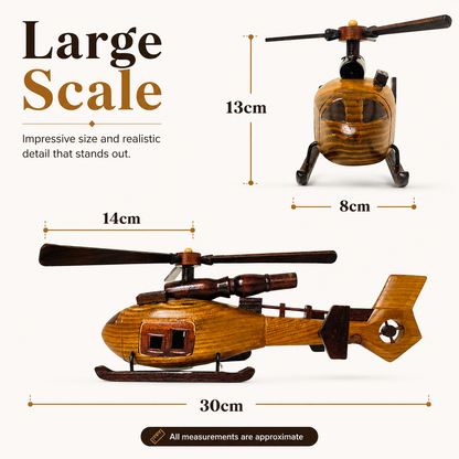 A wooden helicopter toy shown on a light beige background with overlaid dimensions and text reading 'Large Scale' and measurements 13cm, 8cm, 14cm, 30cm, plus a note that all measurements are approximate.