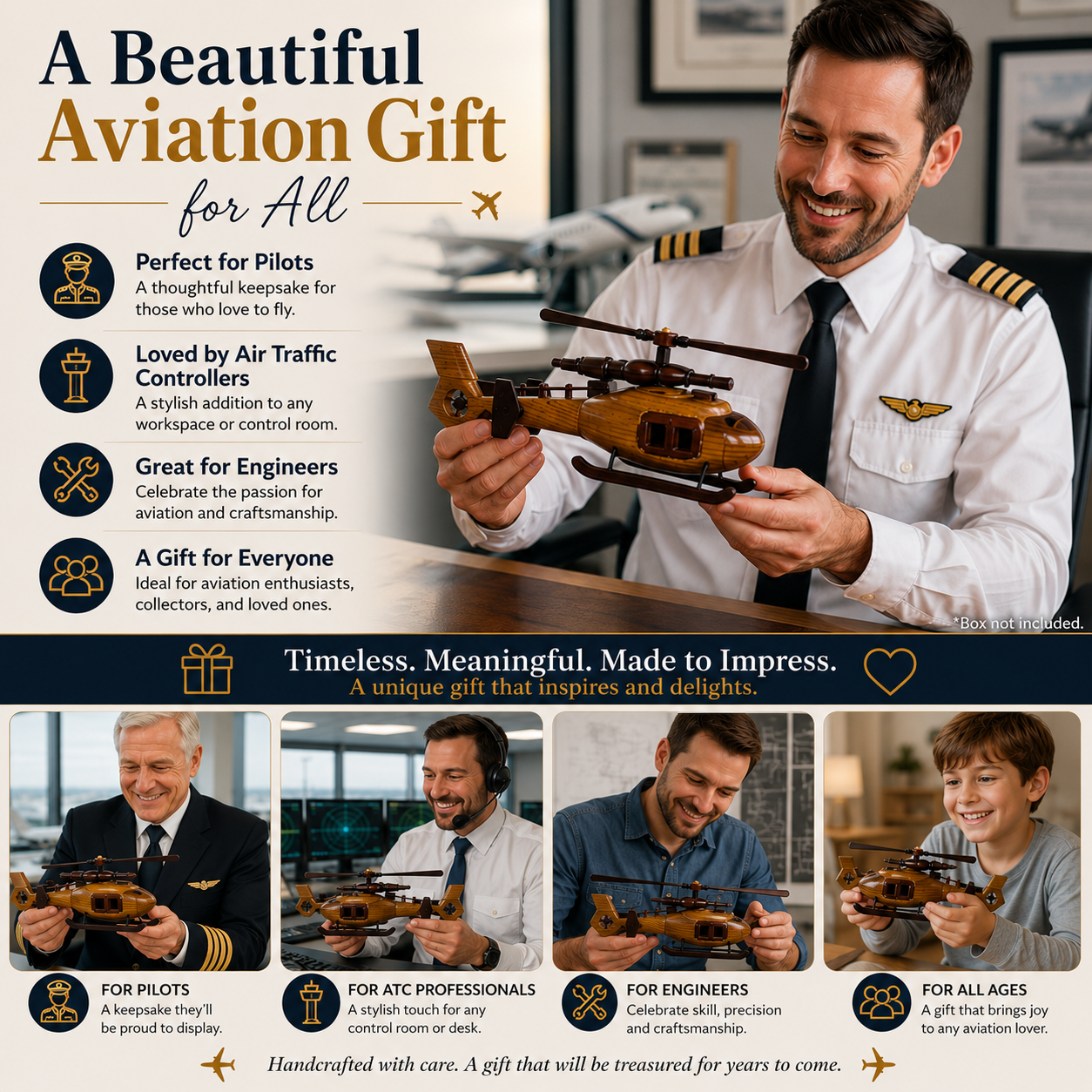 Promotional graphic for an aviation-themed gift set, featuring a smiling man holding a wooden biplane model in front of a flight simulator, with text highlighting it as a gift for pilots, air traffic controllers, engineers, and aviation enthusiasts. Five smaller panels at the bottom show the model airplane with different people.