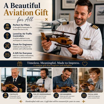 Promotional graphic for an aviation-themed gift set, featuring a smiling man holding a wooden biplane model in front of a flight simulator, with text highlighting it as a gift for pilots, air traffic controllers, engineers, and aviation enthusiasts. Five smaller panels at the bottom show the model airplane with different people.
