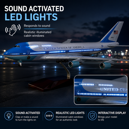 Model airplane with sound-activated LED lights on a dark background