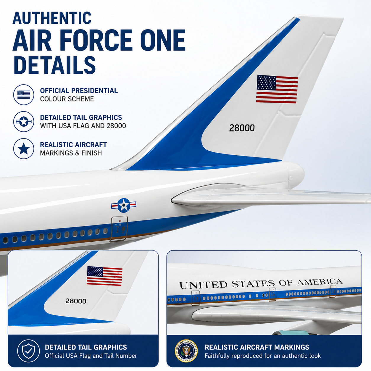Model of an aircraft with detailed graphics and markings, featuring the USA flag and 'United States of America' text.