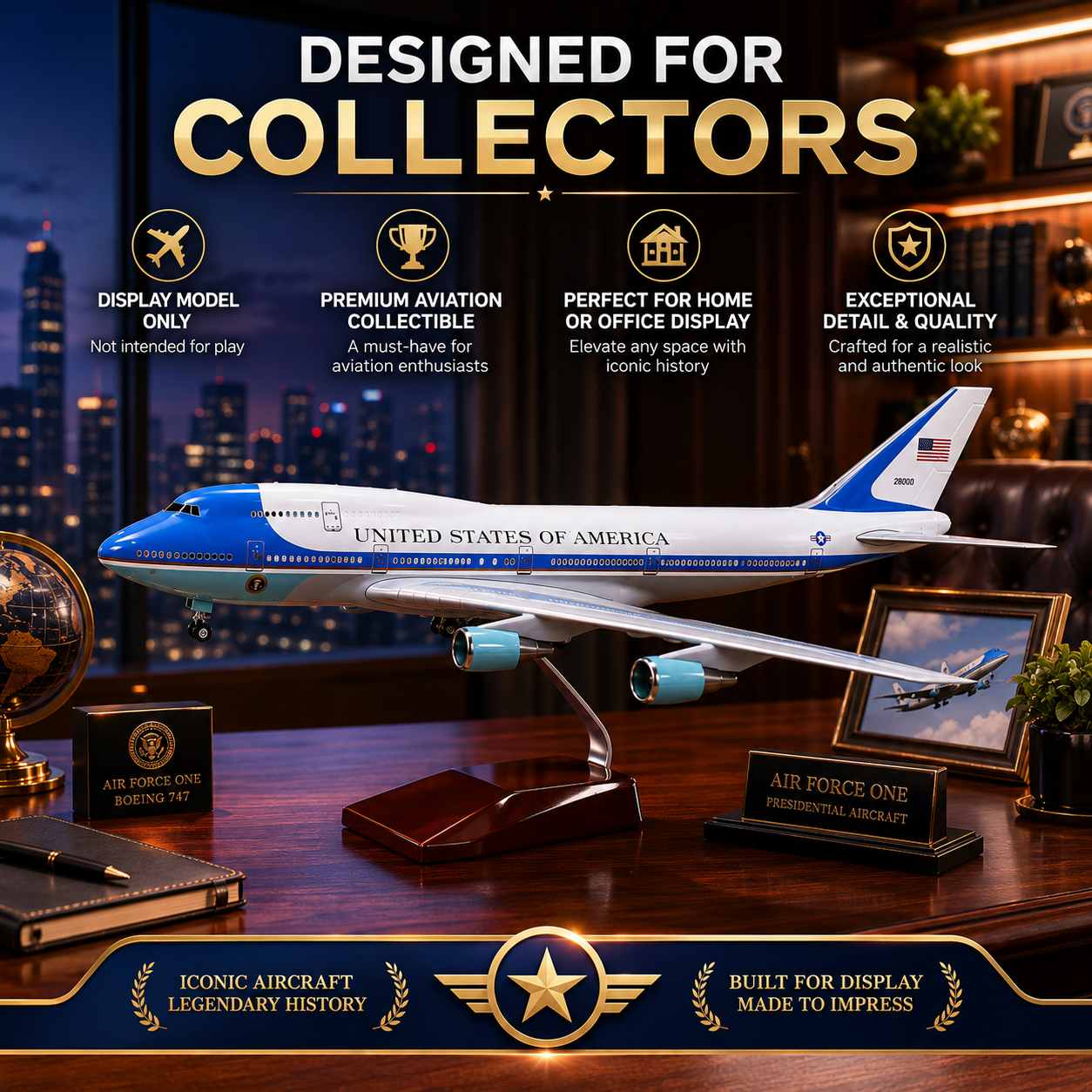 Model airplane on a desk with promotional text about collectors' items