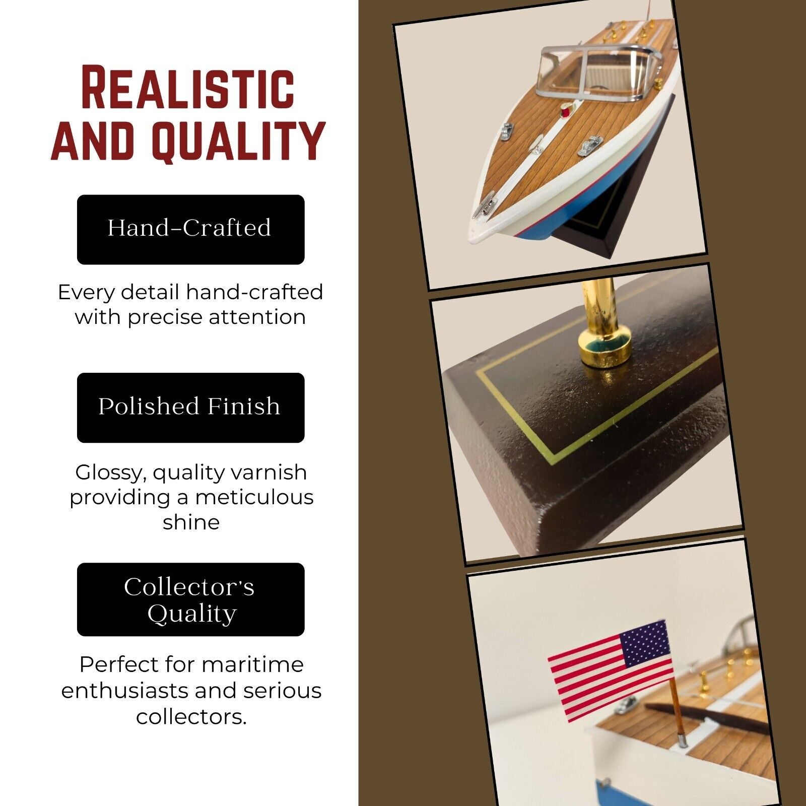 Handcrafted Wooden Model Speed Boat with Stand Personalize Name Option - Authentic Replicas & Models
