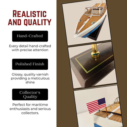 Handcrafted Wooden Model Speed Boat with Stand Personalize Name Option - Authentic Replicas & Models