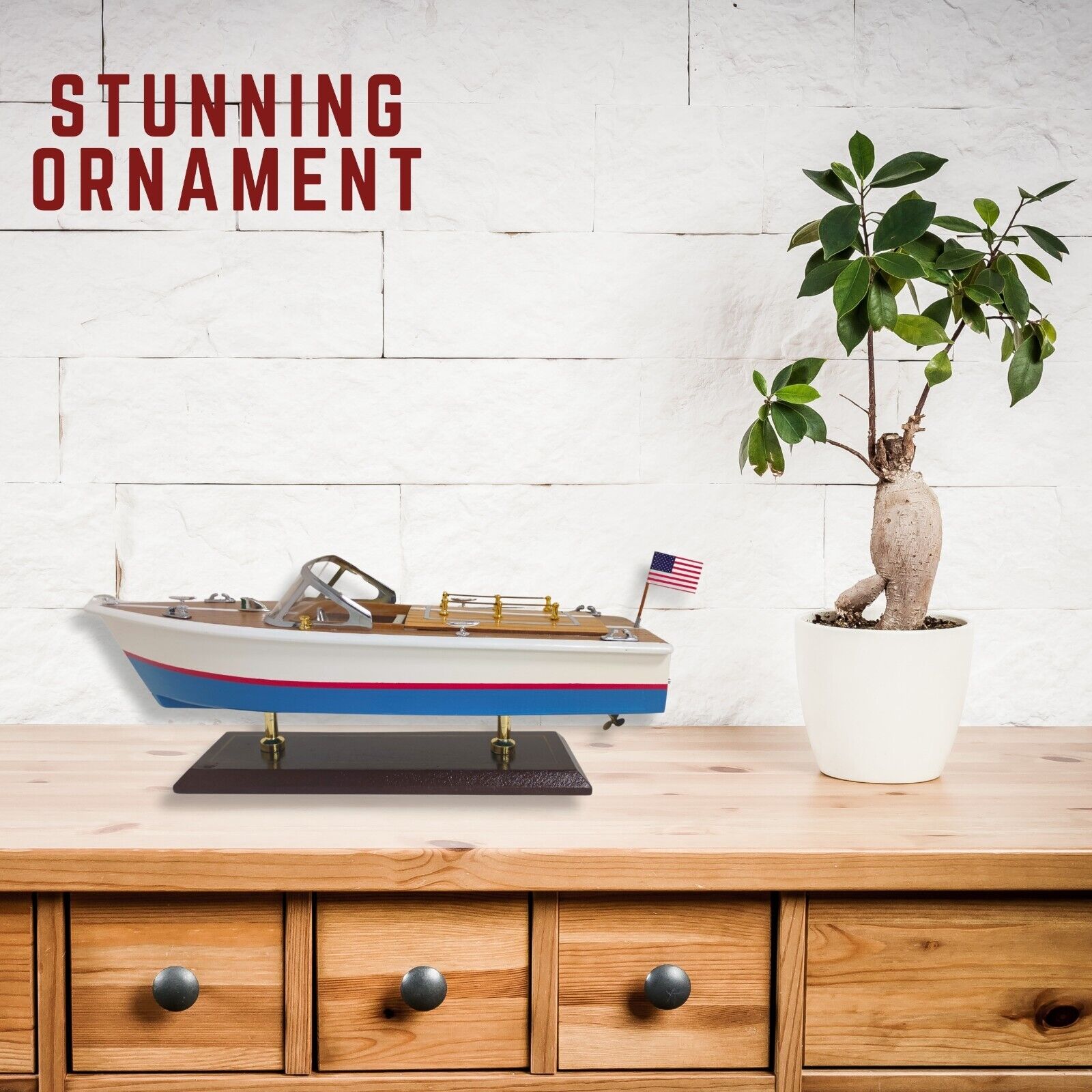 Handcrafted Wooden Model Speed Boat with Stand Personalize Name Option - Authentic Replicas & Models
