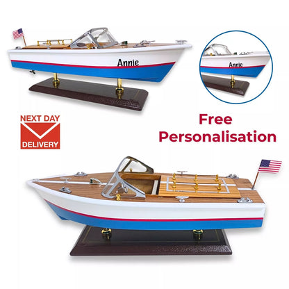Handcrafted Wooden Model Speed Boat with Stand Personalize Name Option - Authentic Replicas & Models