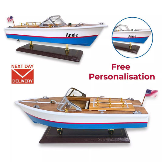Handcrafted Wooden Model Speed Boat with Stand Personalize Name Option - Authentic Replicas & Models