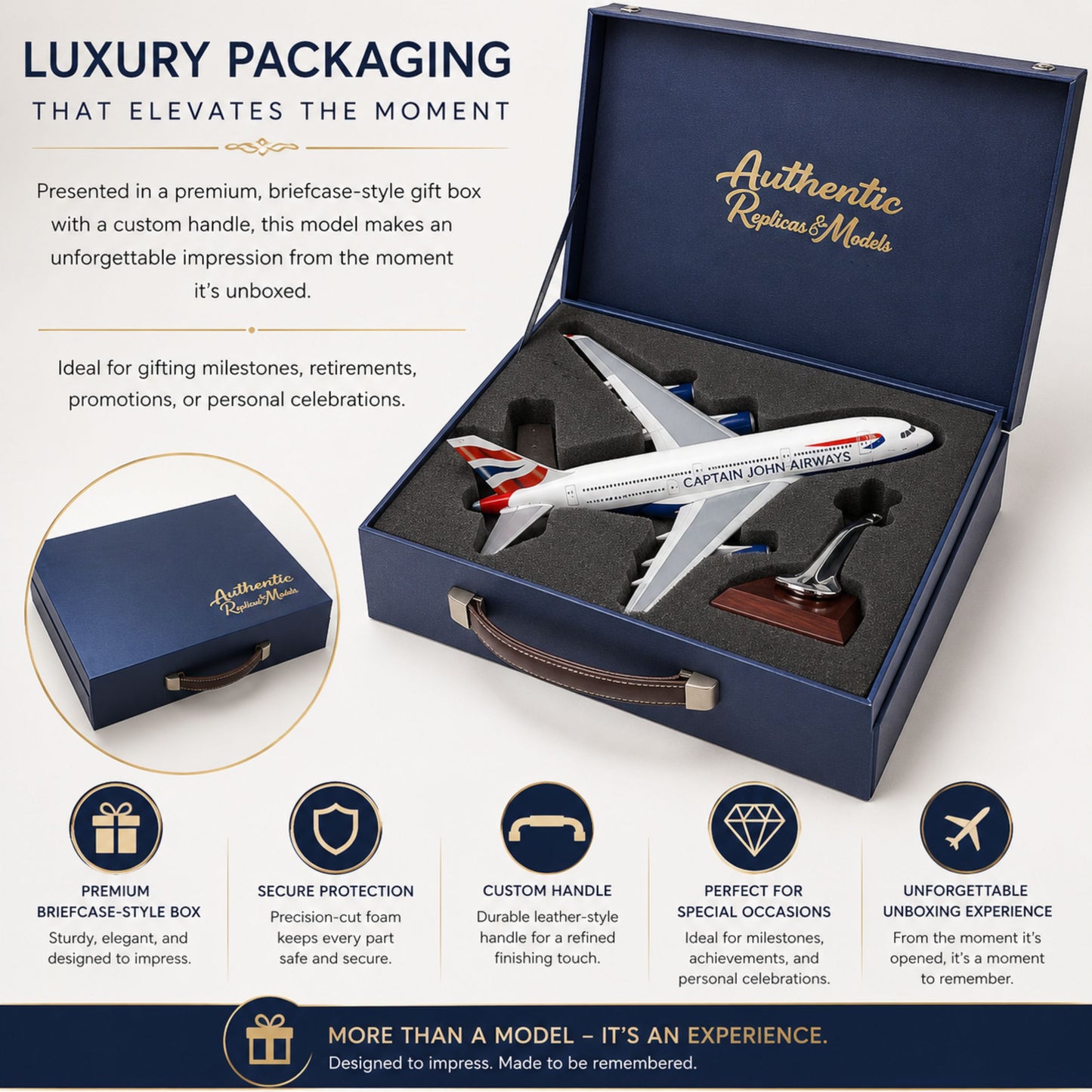 A Captain John Deere model airplane presented in an open navy blue gift box with a leather-look handle and branded interior. The image includes marketing text and feature icons at the bottom describing premium packaging, secure protection, custom handle, and unboxing experience.