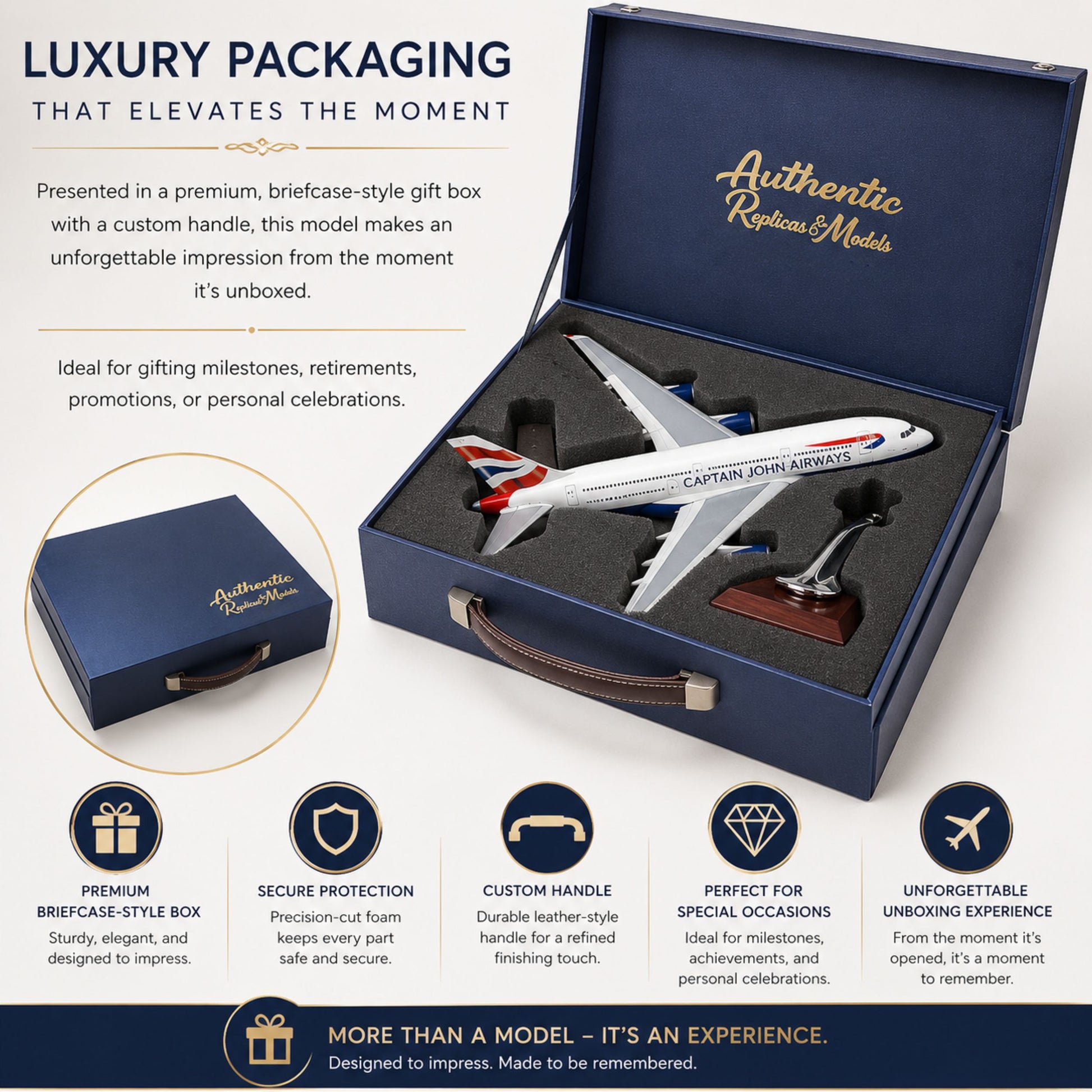 A Captain John Deere model airplane presented in an open navy blue gift box with a leather-look handle and branded interior. The image includes marketing text and feature icons at the bottom describing premium packaging, secure protection, custom handle, and unboxing experience.