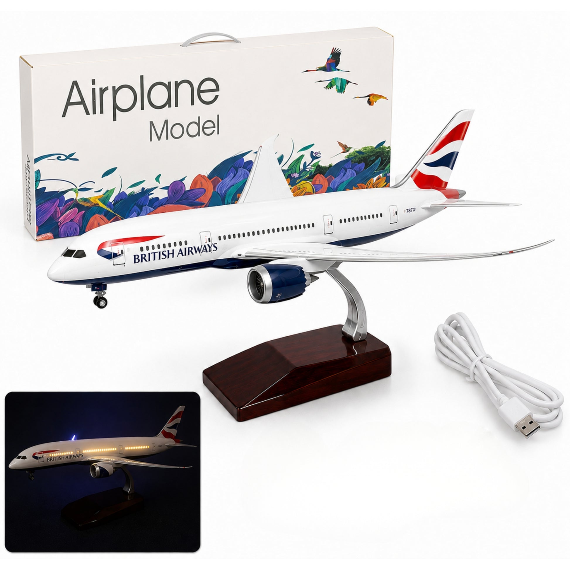 Model airplane with USB light on a white background, featuring British Airways branding.