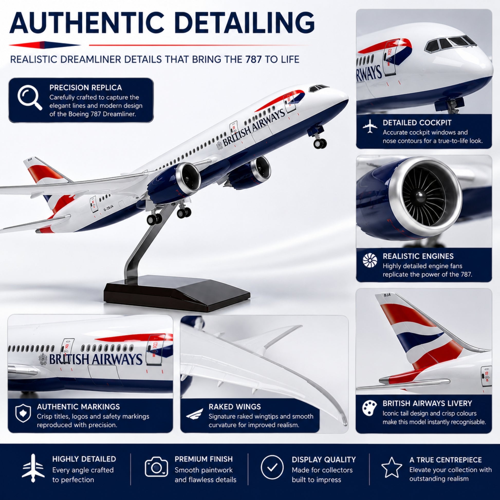 Model airplane with British Airways livery on a white background, featuring detailed text about authenticity and realism.