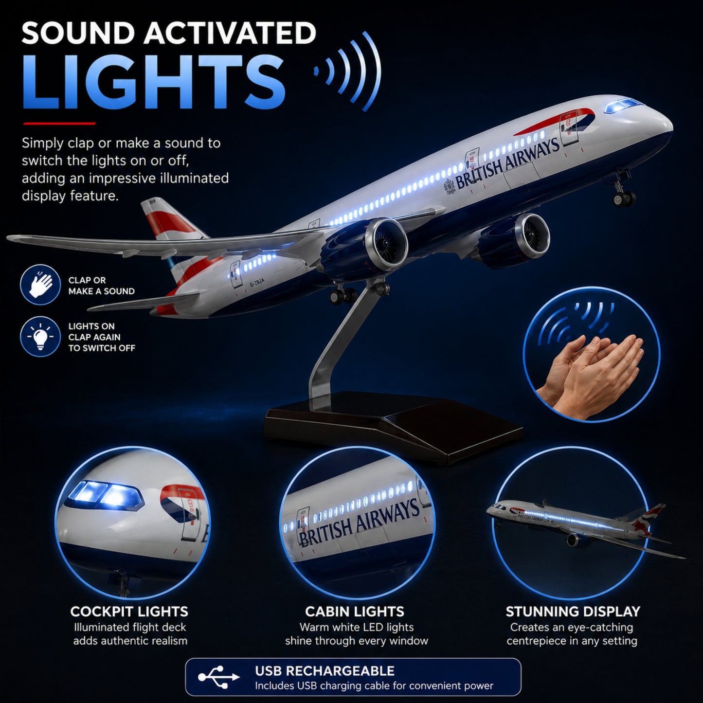 Model airplane with British Airways branding featuring sound-activated lights on a dark background.