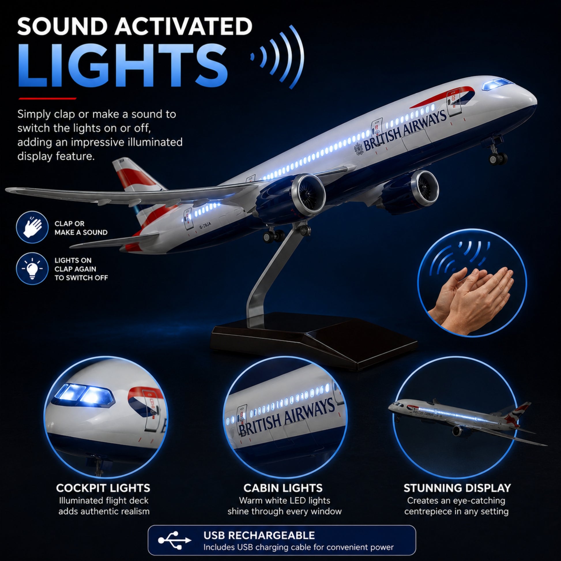 Model airplane with British Airways branding featuring sound-activated lights on a dark background.