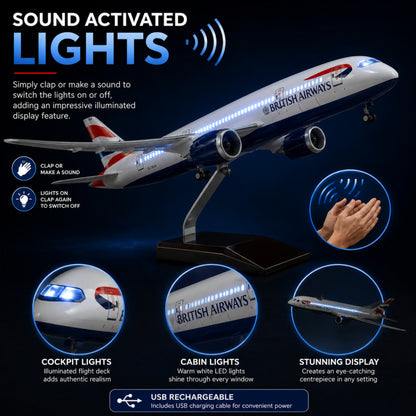 Model airplane with British Airways branding featuring sound-activated lights on a dark background.