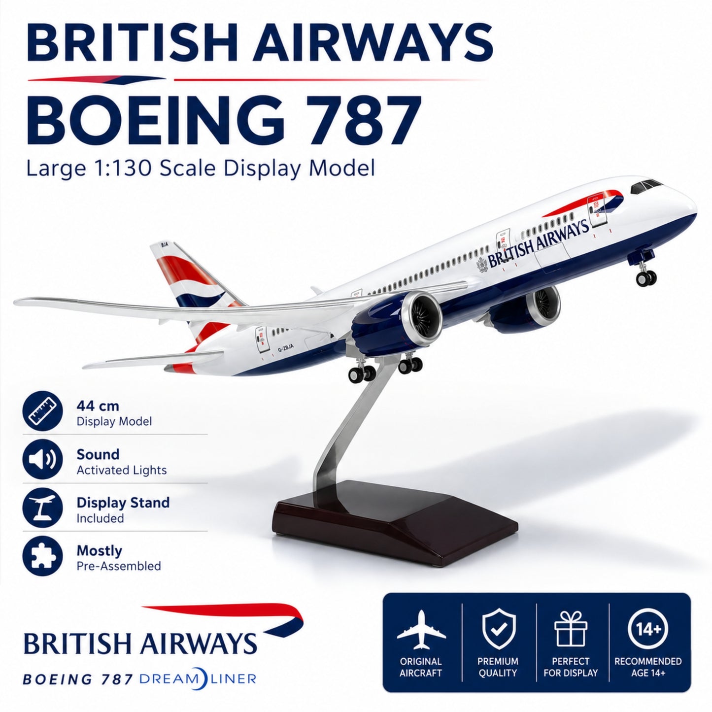 Model of a British Airways Boeing 787 airplane on a white background