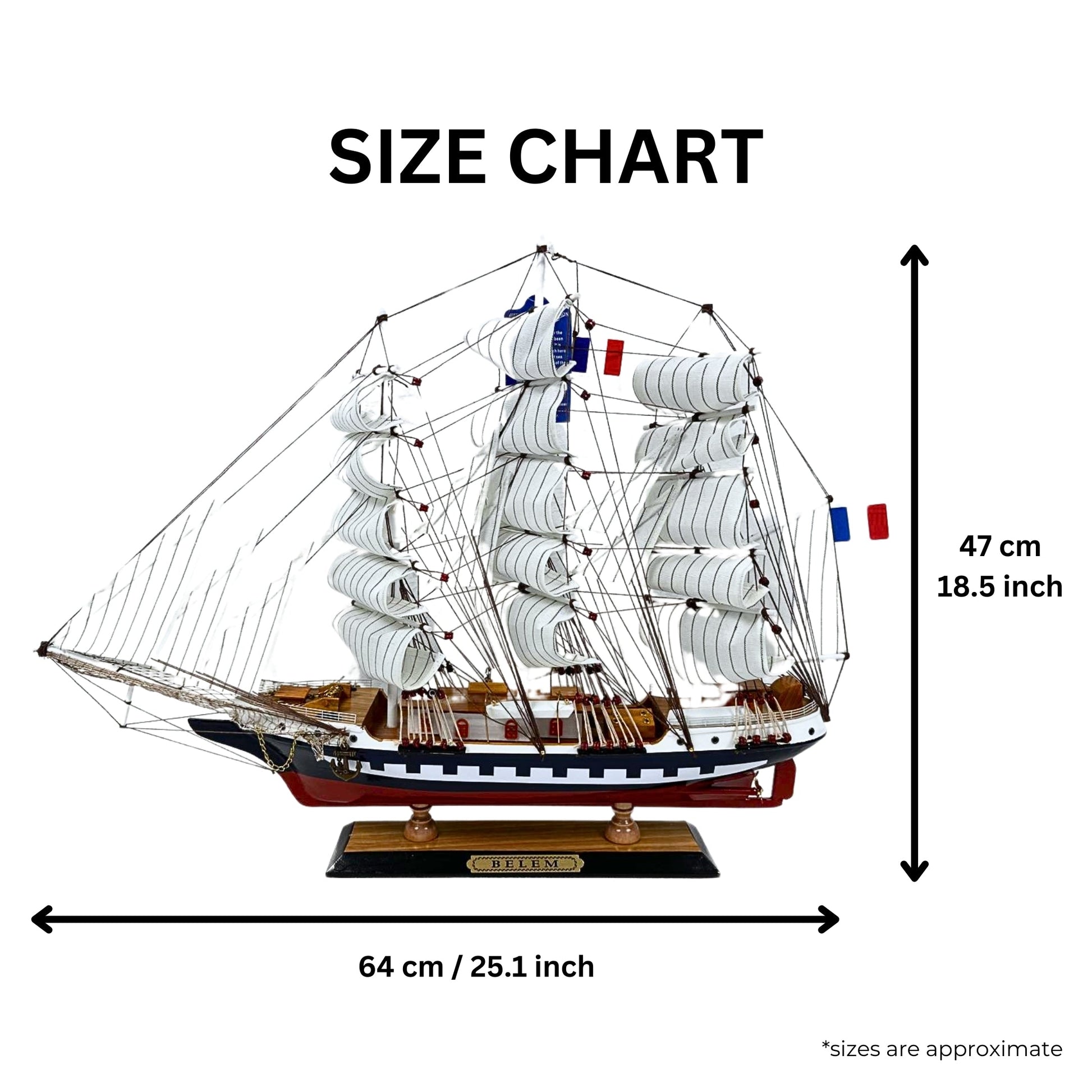 Vintage Belem Model Ship 1V – Handmade, 64cm, Fully Assembled Nautical Decor - Authentic Replicas & Models