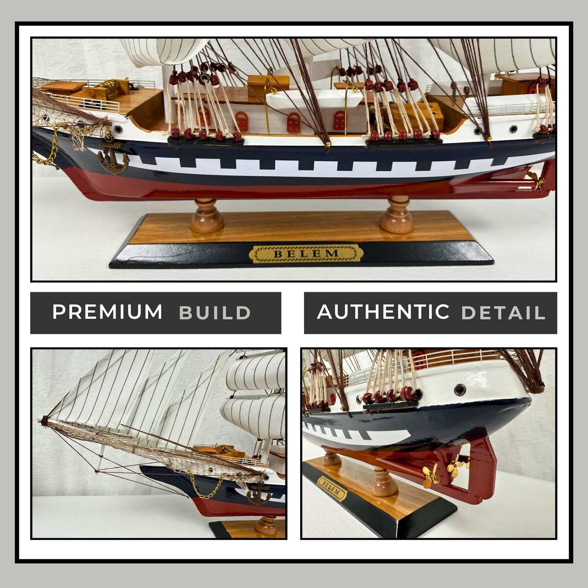 Vintage Belem Model Ship 1V – Handmade, 64cm, Fully Assembled Nautical Decor - Authentic Replicas & Models