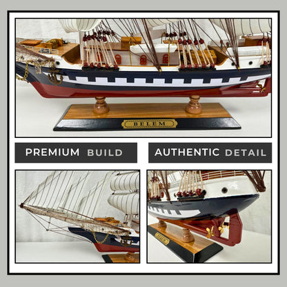 Vintage Belem Model Ship 1V – Handmade, 64cm, Fully Assembled Nautical Decor - Authentic Replicas & Models