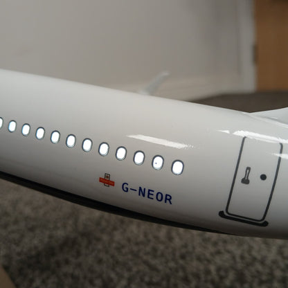 Close-up Airbus A321 'G-NEOR' branding on a blurred background