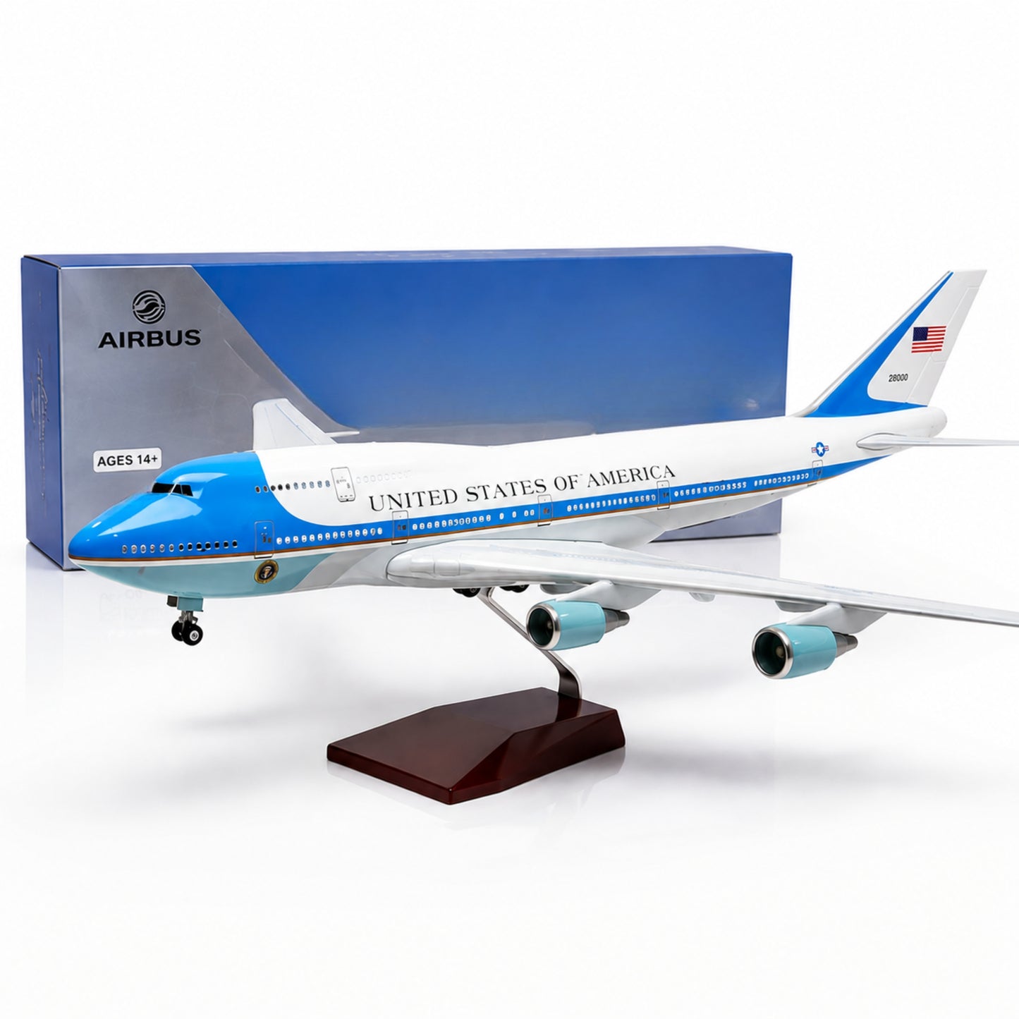 Model airplane with 'United States of America' text on a white background, featuring Airbus branding.