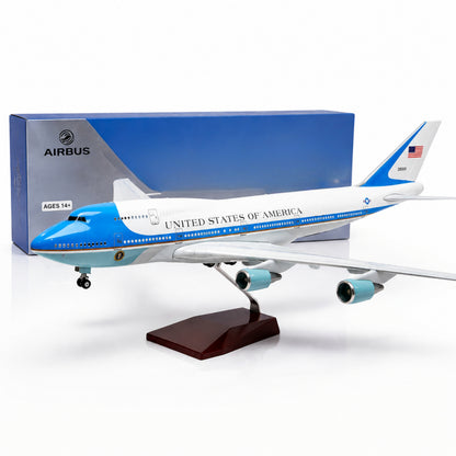 Model airplane with 'United States of America' text on a white background, featuring Airbus branding.