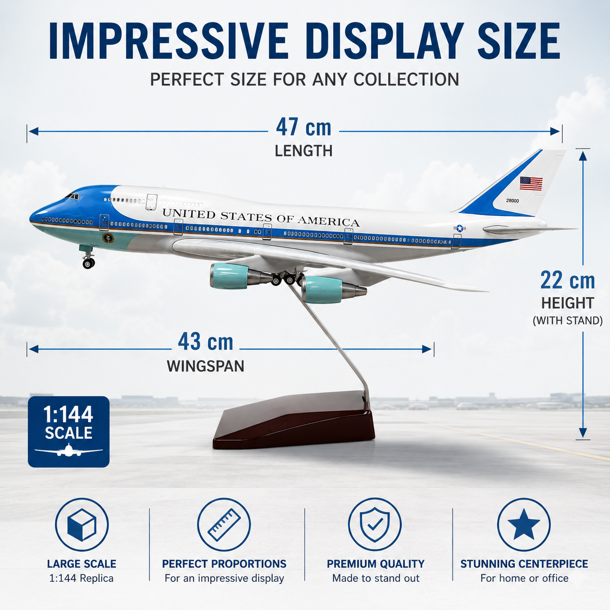 Model airplane with dimensions and features displayed on a blue background
