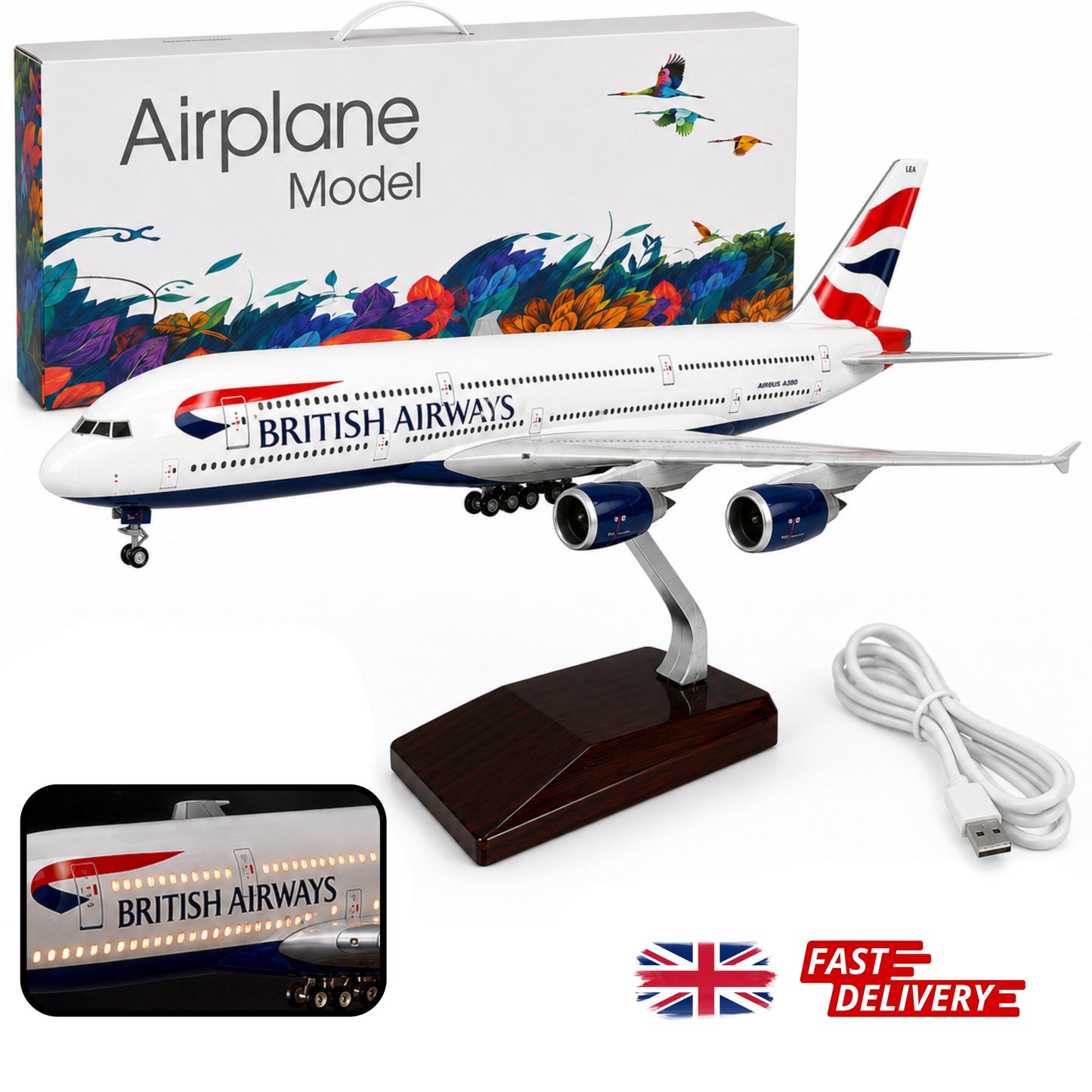 British Airways Airbus A380 Model airplane of British Airways with packaging, USB cable, and LED light on a white background