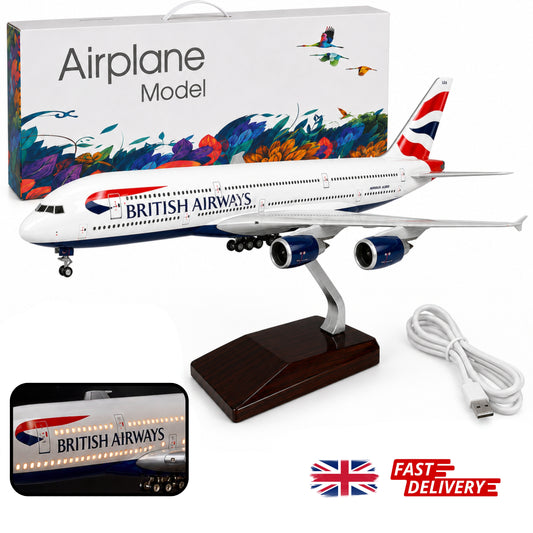 British Airways Airbus A380 Model airplane of British Airways with packaging, USB cable, and LED light on a white background