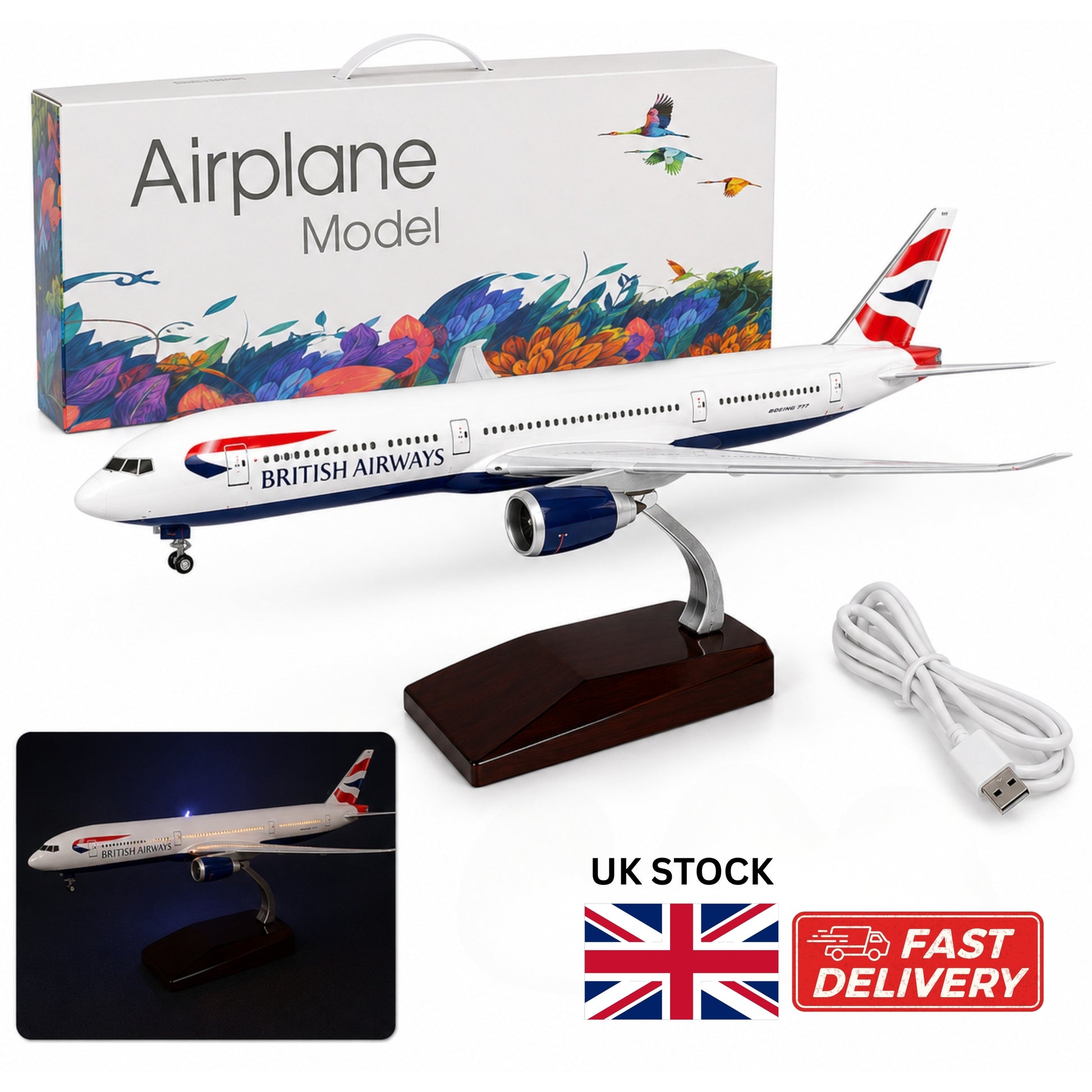 Model 777 airplane of British Airways with packaging, USB cable, and UK stock label.