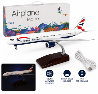 Model 777 airplane with British Airways logo, packaging, and charging cable on a white background