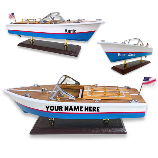 Handcrafted Wooden Model Speed Boat With Stand & Personalised Name Option