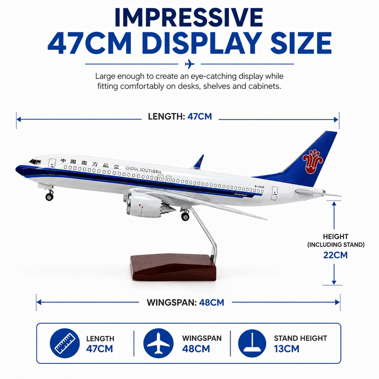 Model airplane with dimensions labeled on a white background