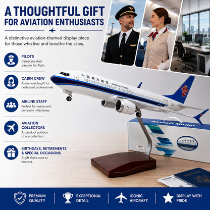 Aircraft model with promotional text for aviation enthusiasts, including images of pilots and cabin crew.