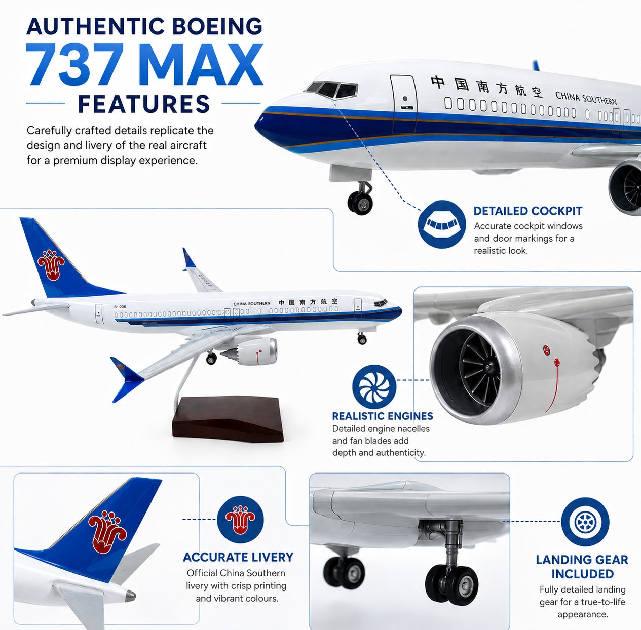 Model airplane with features highlighted, including detailed cockpit, realistic engines, accurate livery, and landing gear.