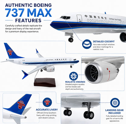 Model airplane with features highlighted, including detailed cockpit, realistic engines, accurate livery, and landing gear.