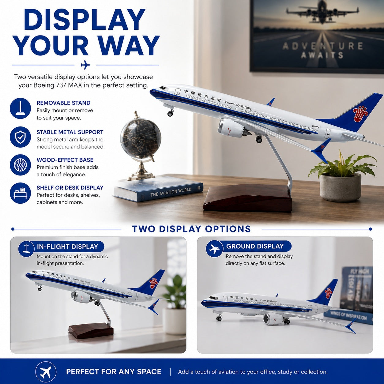 Boeing 737 MAX model airplane on a stand with display options and features highlighted.