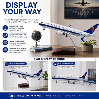 Boeing 737 MAX model airplane on a stand with display options and features highlighted.