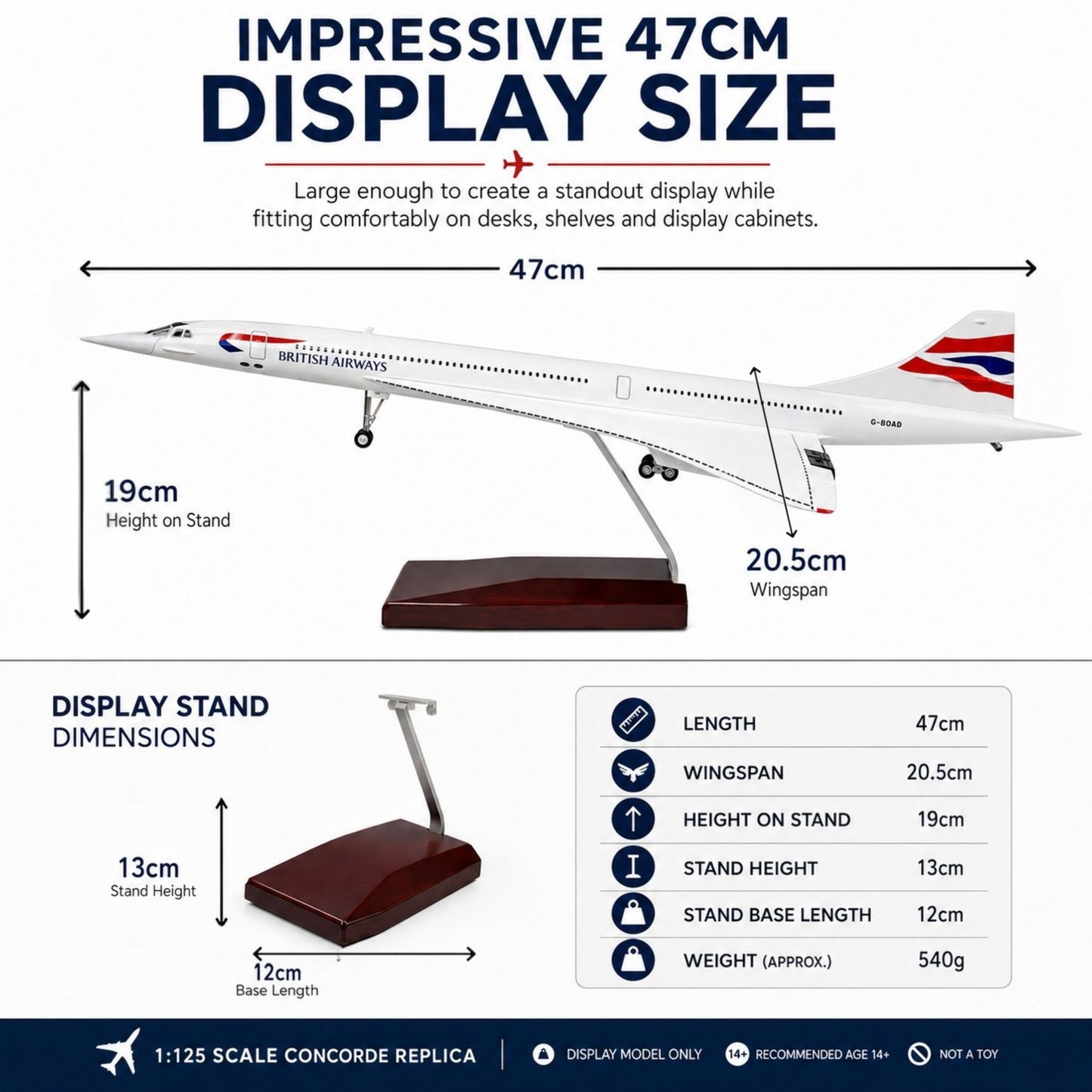 Model Concorde airplane with dimensions and display stand information on a white background