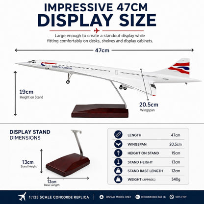 Model Concorde airplane with dimensions and display stand information on a white background