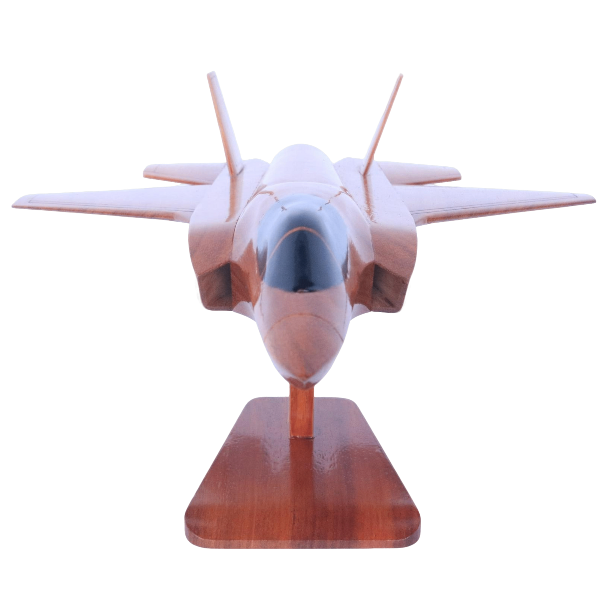 Model of a fighter jet on a wooden stand with a white background