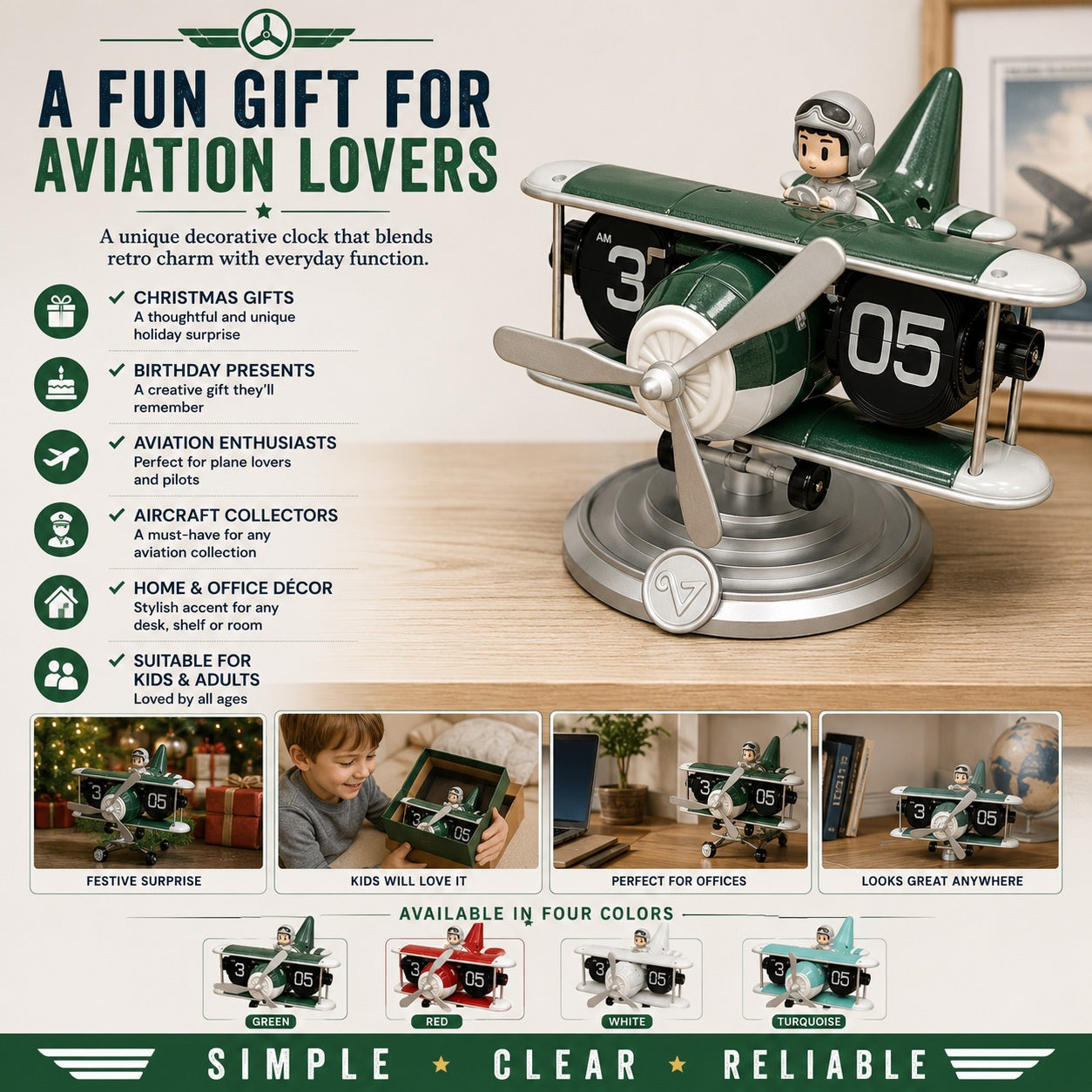 Retro Airplane Flip Clock – Vintage Biplane Novelty Desk Timepiece
