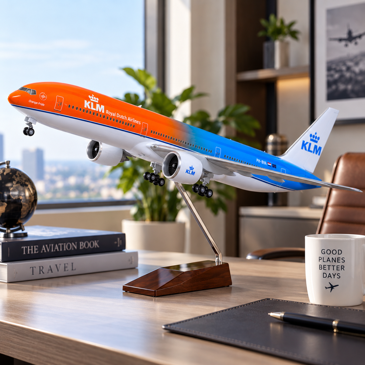 A KLM Royal Dutch Airlines model airplane displayed on a wooden stand on a desk in a modern office setting, with books, a mug, and plants in the background.