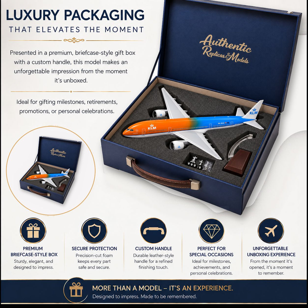 A luxury gift box presentation for a model airplane. The open dark blue briefcase-style box shows a colorful model airplane with a blue-to-orange gradient fuselage, white wings, and a small white model car.